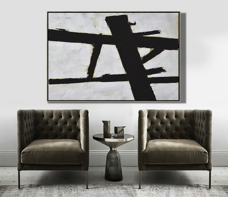 Abstract Art Decor,Contemporary Painting,Horizontal Palette Knife Minimal Canvas Art Painting Black White Beige - Custom Oil Painting